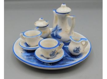 Miniature White And Blue 8 Piece Tea Set, Made In Taiwan