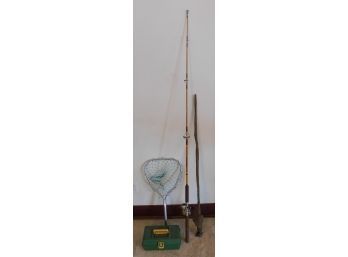 Lot Of Fishing Gear - 2 Vintage Fishing Rods, Fishing Net, And Tackle Box