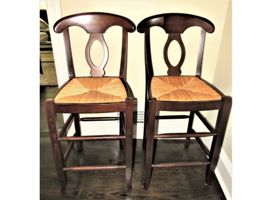 Pottery Barn Wooden Bar Stools With Wicker Seats & Plaid Fabric Seat Cushions - Set Of 2