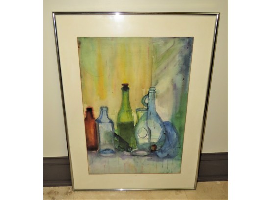 Watercolor Painting Of Colored Jars/bottles In Silver Frame