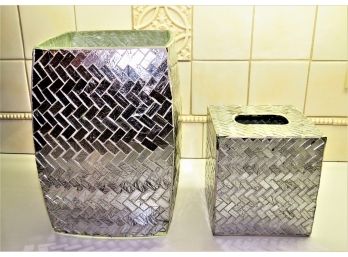 Glam Bathroom Accessories Set Of 2 - Mirrored Tissue Box Holder & Matching Trash Can
