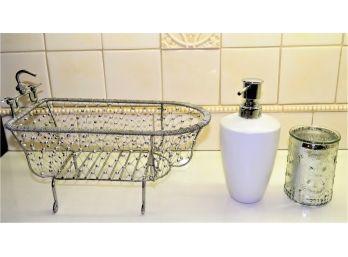 Bathroom Accessories - Soap Dispenser, Glass Cup & Decorative Wire Bath Tub Decor - Assorted Set Of 3