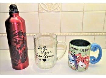 Assorted Lot Of 3 - Giam Aluminum Water Bottle, New Orleans Mug & Hello There Handsome Glass Mug