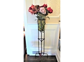 Black Metal Vase Stand With Green Glass Vase & Artificial Flowers