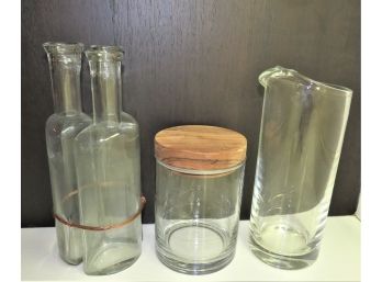 Assorted Lot Of Glassware - Wired Bottles, Pitcher & Jar With Lid