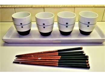 Toki Japan Sake Cup Set Of 4, (8) Chopsticks & Tray