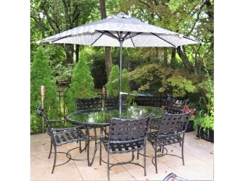 Brown Jordan Oval Glass Top Table, Umbrella, 6-Chairs & Cushions
