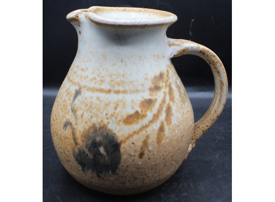 Vintage Brown Pottery Pitcher W/ Hand Painted Leaf Design