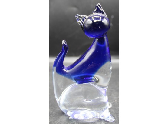 Vintage Cobalt Blue / Clear Glass Cat Figurine