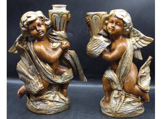 Paiper Mache Hand Painted Cherub Angel Candle Stick Holders With Gold Florentine Finish