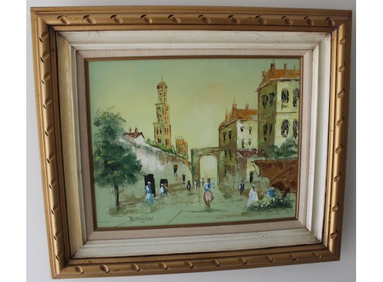 Vintage Townsquare Oil Painting By Robinson In Gold Tone Frame