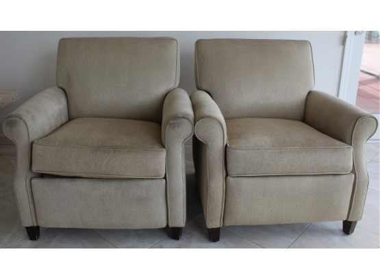 Stylish Pair Of Tan Upholstered Reclining Arm Chairs