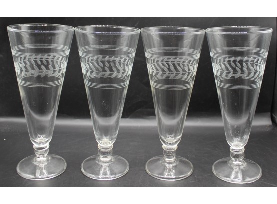 Vintage Anchor Hocking Laurel Pattern Glassware, Wheel Cut Etched Laurel Pilsner Glasses - Set Of 4