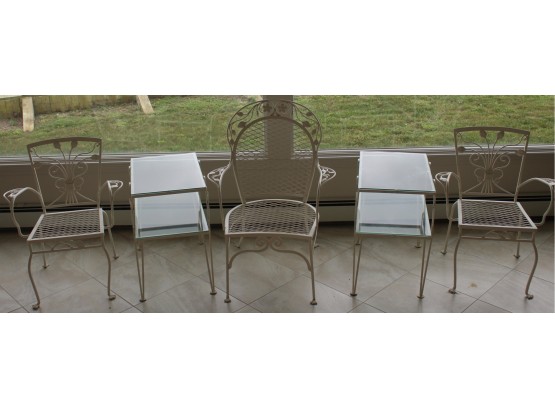 1960's Rare Salterini White Wrought Iron End Tables (2) And Chairs (3) Tables