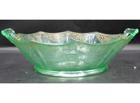 VIntage Green Etched Depression Glass Decorative Bowl With Gold Tone Trim