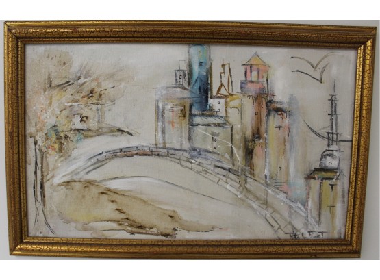 Scenic Cityscape With Bridge Painting In Gold Tone Crackled Frame Artist Signed