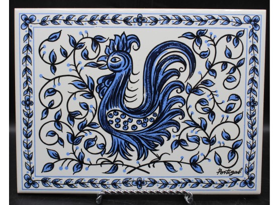 Cockerel Barcelos Ceramic Rectangle Tile Glazed White & Blue Rooster