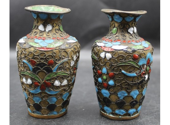 Rare Stunning Pair Of Miniature Hand Painted / Hand Decorated Vases
