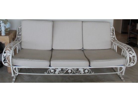1960's Vintage Salterini White Wrought Iron Glider/Rocking Garden Sofa/Bench W Cushions