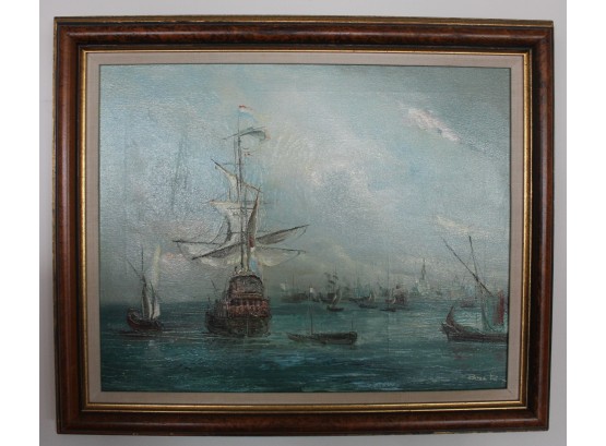 Vintage Stunning Sailboats On The Ocean Oil Painting Signed B. Pak