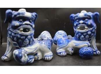 Vintage Kutani Style Pair Of Japanese Foo Dog Guardians White/Blue Porcelain