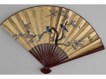 Rare Large Asian Fan With Hand Painted Birds