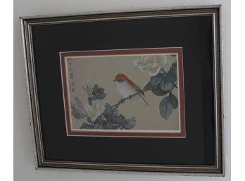 Rare Chines Watercolor Silk Framed Painting Of A Bird W/ Flowers