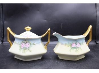 Rare Limoges Sugar Bowl And Creamer With Hand Painted Rose Motif 1950's