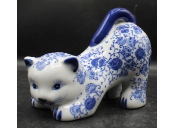 Vintage Bombay Company Blue & White Delft Porcelain Playful Kitty Cat Figurine
