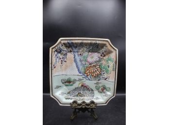 Stunning Hand Painted Porcelain Peacock Floral Dish