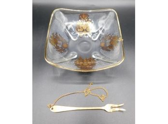 Decorative Glass Candy Dish With 24K Gold Accents & Serving Fork On Chain