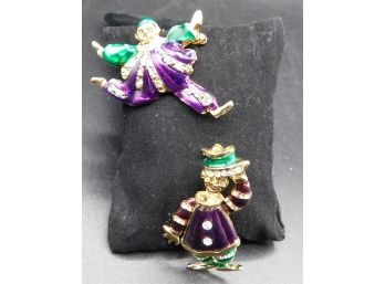 Pair Of Colorful Gold Tone Clown Brooch Pins