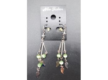 Silver Tone & Green Stone Dangle Earrings - New