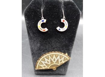Silvertone C Shaped Dangle Earrings & Goldtone Decorative Pin