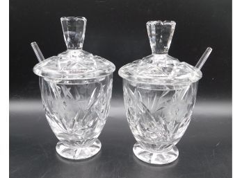 Cut Glass Lidded Sugar Bowls With Plastic Spoons - Set Of Two