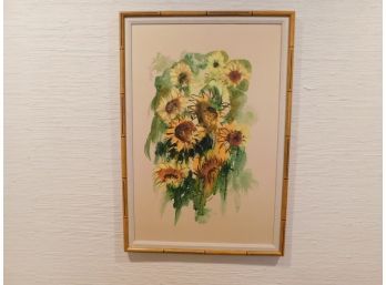 Hall Groat 1973 'Flowers' Water Color Painting In Bamboo Frame