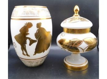 Vintage Bohemian Milk Glass Vase With Gold Trim & Pedestal Votive With Gold Trim