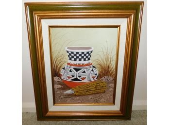 J. Yellowhair Native American Vintage Corn & Vase Oil Painting On Canvas