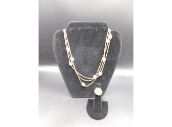 Gold Tone & Faux Pearl Necklace With Flower Ring
