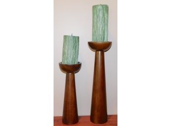 Crate & Barrel Wooden Candle Stick Holders With Bamboo Style Candles - Set Of Two