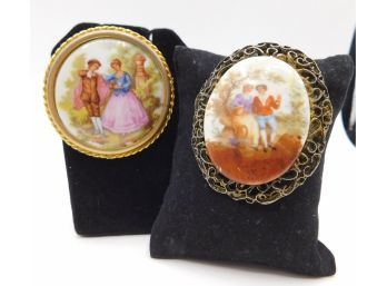 Classic Vintage Limoges Porcelain Fragonard Cameo Brooch Pin Set - Set Of Two