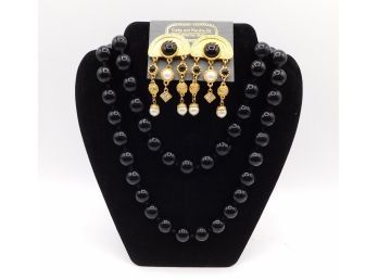 Classy Black Beaded Necklace & Gold Tone Dangle Earrings
