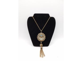 Fabulous Butterfly Enclosed In Gold Tone Terrarium Pendant Necklace With Tassel