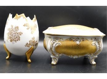 Hand Painted Limoges French Footed Egg Dish & Jlemenau German Footed Rectangular Bowl With Lid