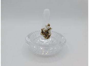 Glass Ring Holder Dish & Gold Tone With Faux Pearl Ring - Size 6