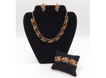 Vintage Stylish Coro Jewelry Gold Tone With Brown Faux Stone Necklace, Bracelet & Earring Set