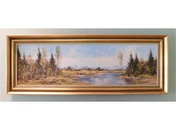 Beautiful River Landscape Oil Painting On Canvas In Gold Tone Frame