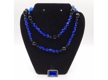 Elegant Bold Blue & Black Beaded Necklace With Silvertone & Blue Brooch Pin