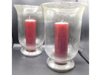 Glass Hurricane Style Vases With Tall Candles - Set Of Two