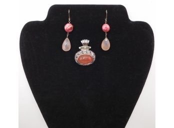 Sticking Silver Tone & Pink Hue Dangle Earrings With Necklace Pendant